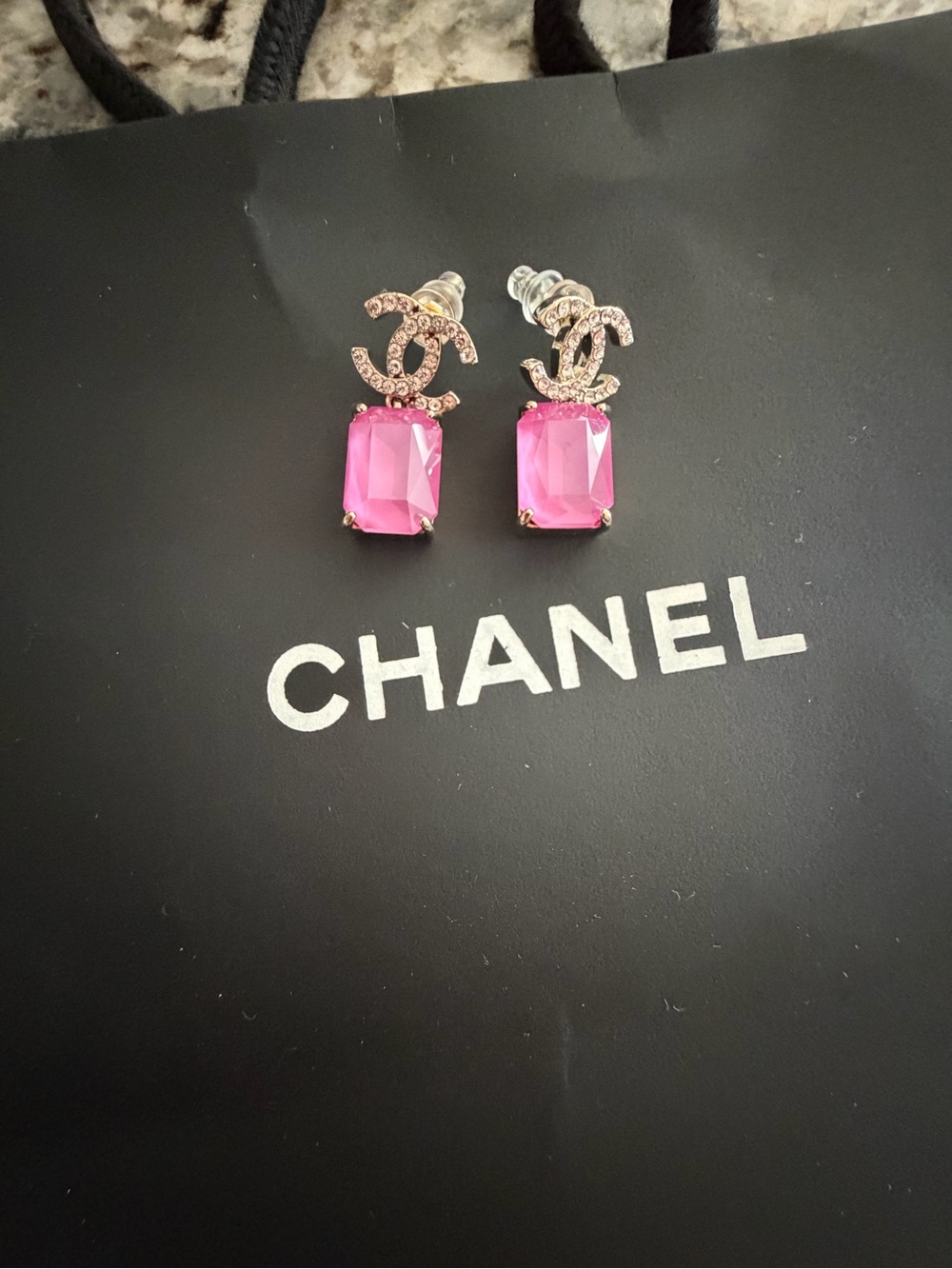 CHANEL Rose Pink Crystal CC Drop Earrings